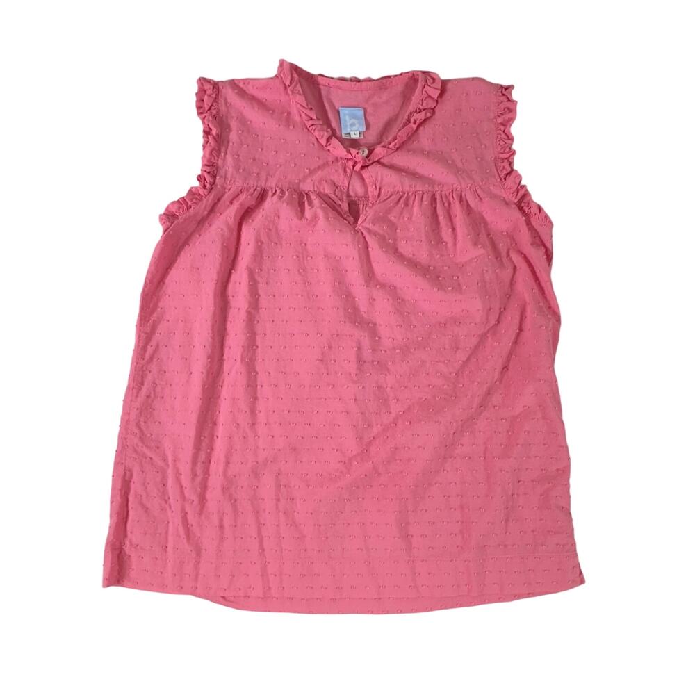 Bella Bliss Womens Top Size Large Pink Swiss Dot Ruffled Neck Sleeve Semi-sheer - Picture 7 of 9